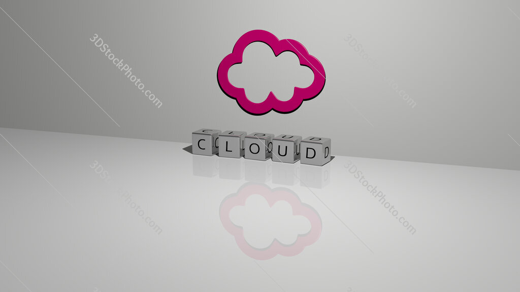cloud text of cubic dice letters on the floor and 3D icon on the wall