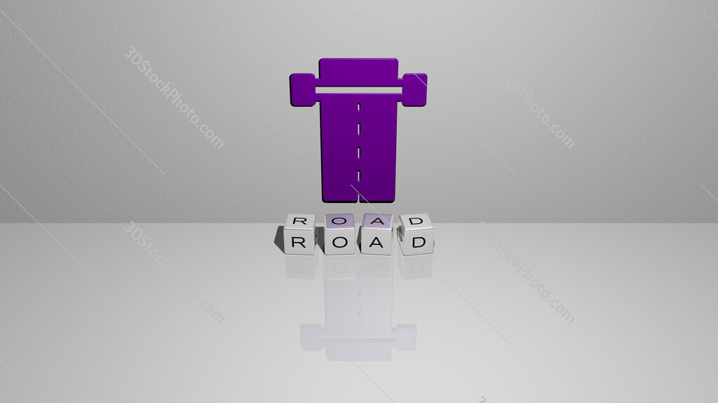 road text of cubic dice letters on the floor and 3D icon on the wall