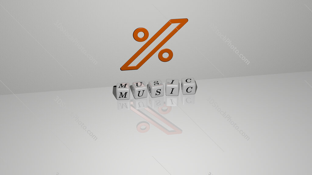 music text of cubic dice letters on the floor and 3D icon on the wall