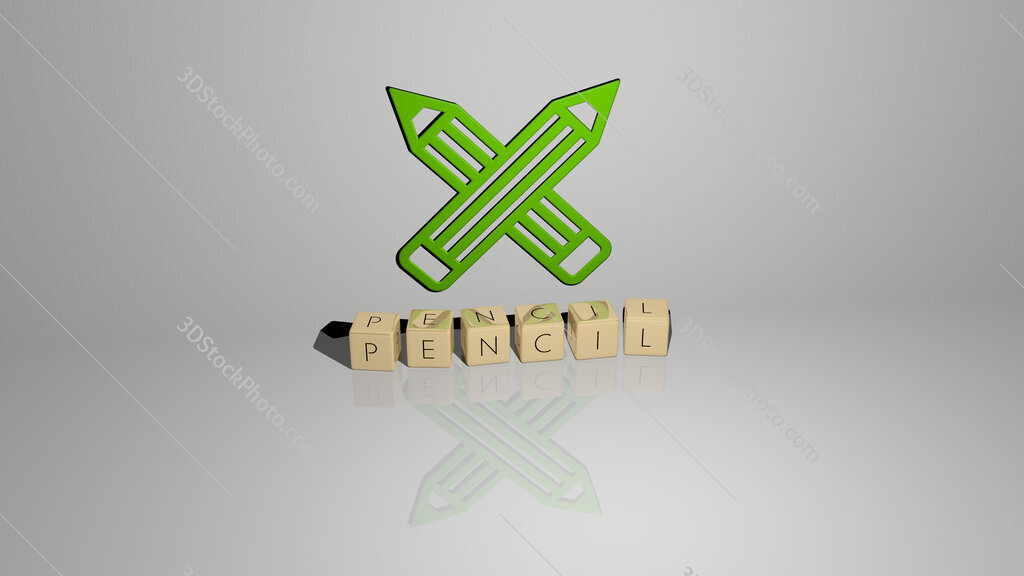 pencil text of cubic dice letters on the floor and 3D icon on the wall