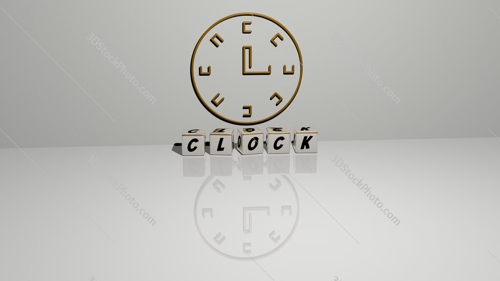 clock text of cubic dice letters on the floor and 3D icon on the wall