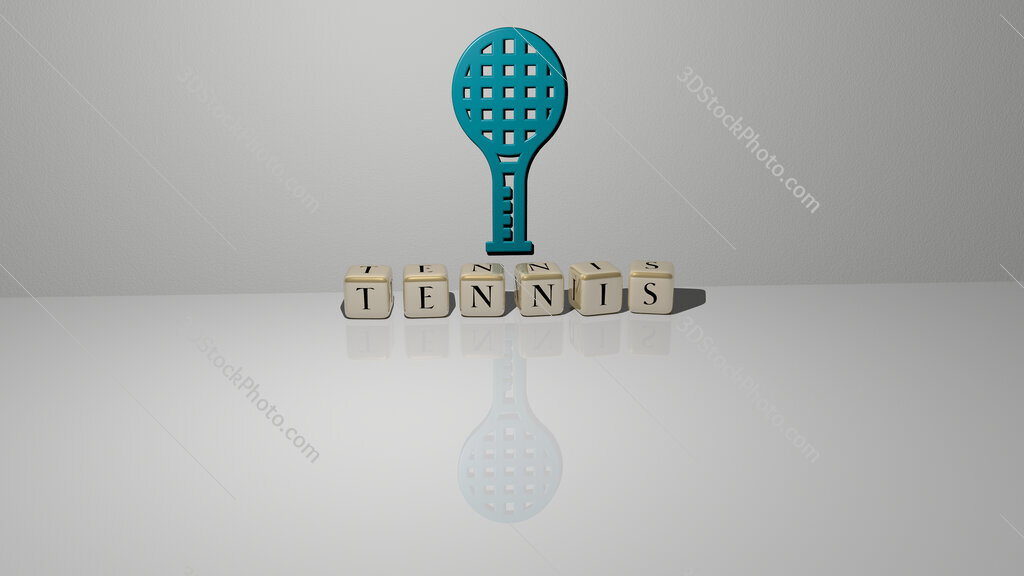 tennis text of cubic dice letters on the floor and 3D icon on the wall