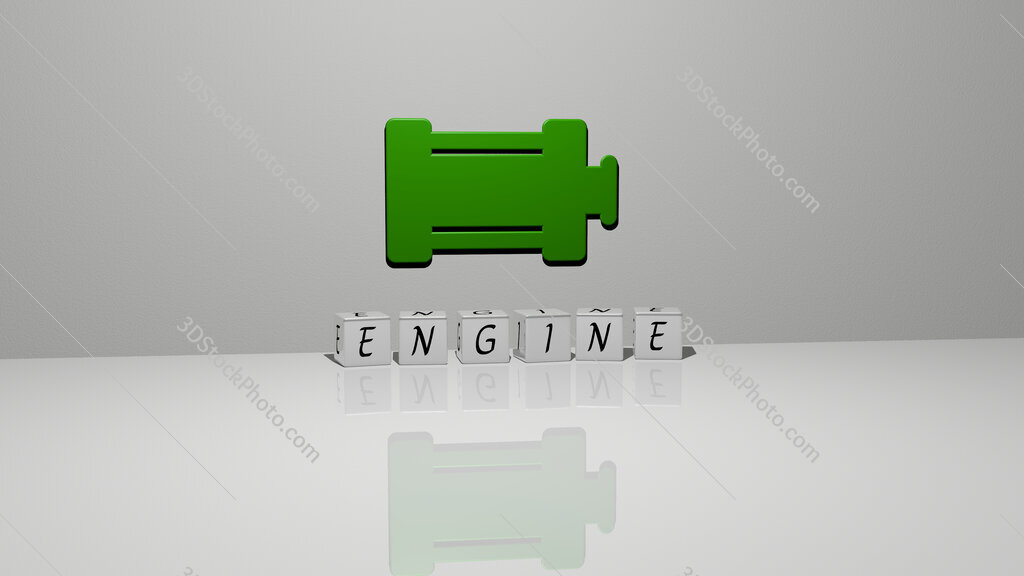 engine text of cubic dice letters on the floor and 3D icon on the wall
