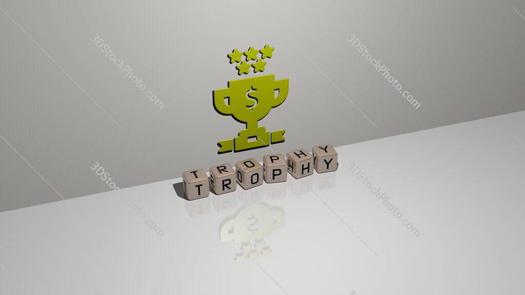 trophy text of cubic dice letters on the floor and 3D icon on the wall