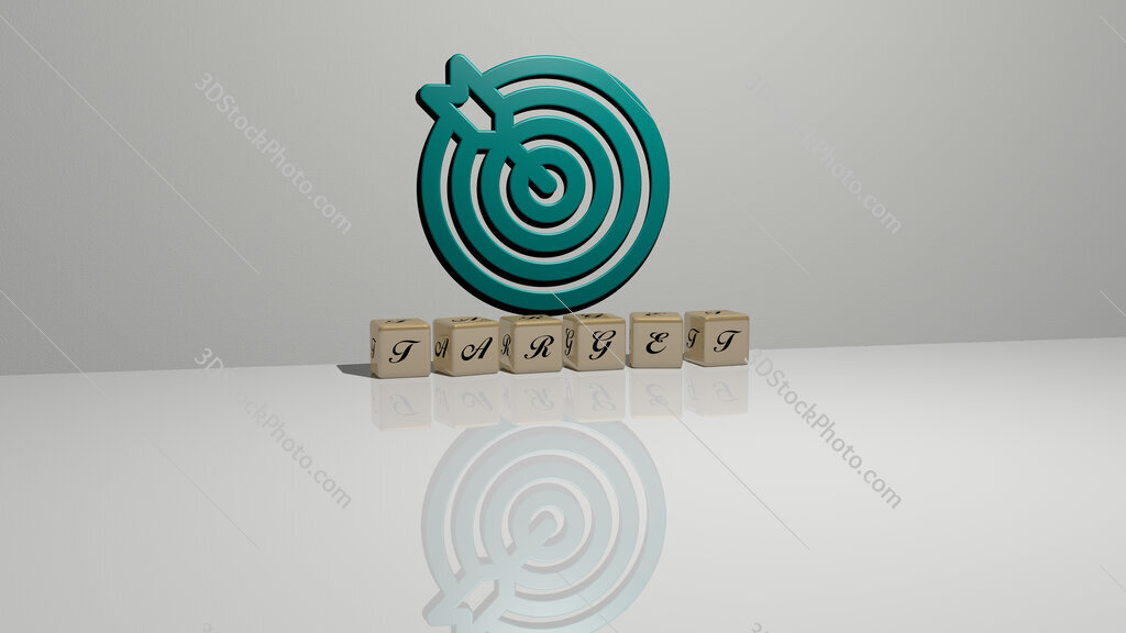 target text of cubic dice letters on the floor and 3D icon on the wall