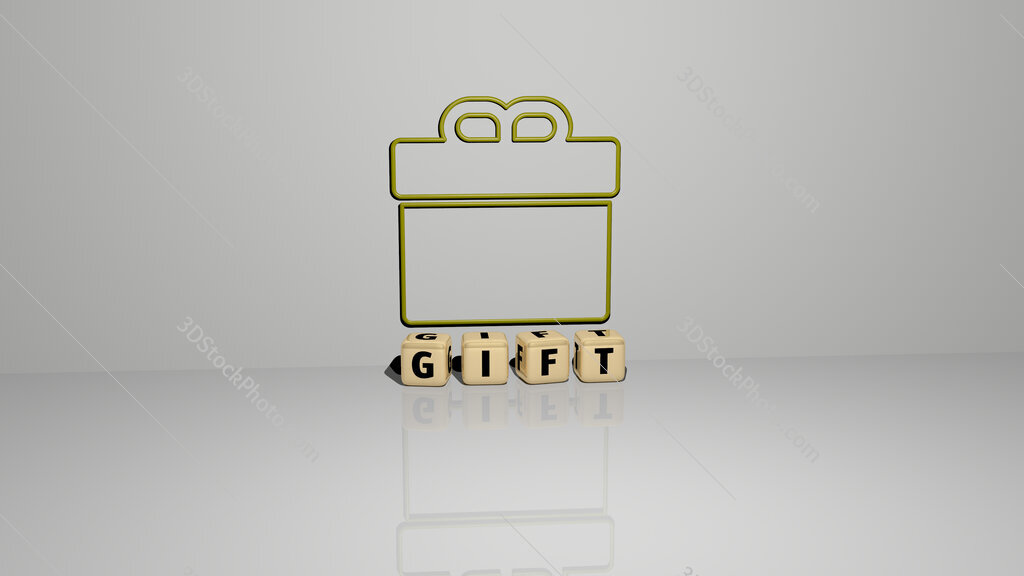 gift text of cubic dice letters on the floor and 3D icon on the wall