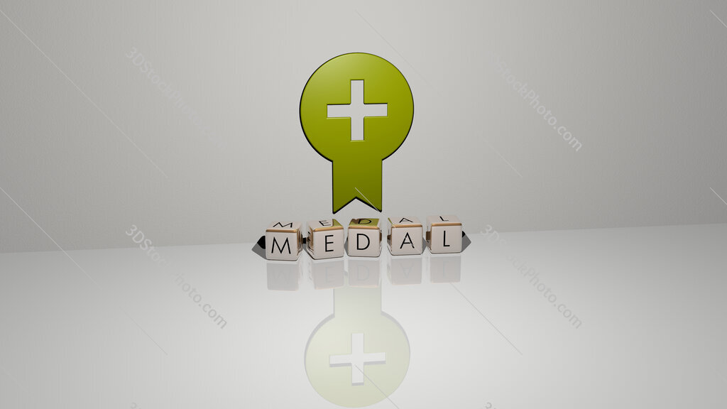 medal text of cubic dice letters on the floor and 3D icon on the wall