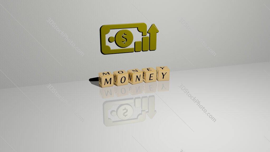 money text of cubic dice letters on the floor and 3D icon on the wall