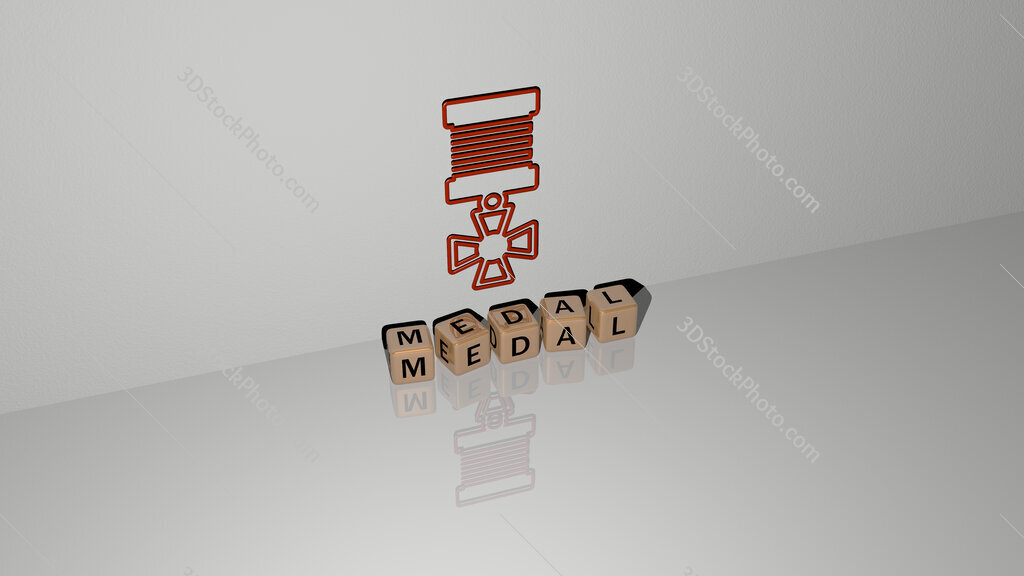 medal text of cubic dice letters on the floor and 3D icon on the wall