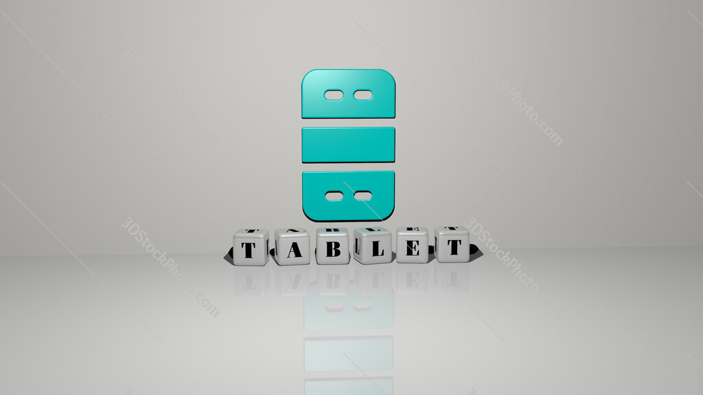 tablet text of cubic dice letters on the floor and 3D icon on the wall