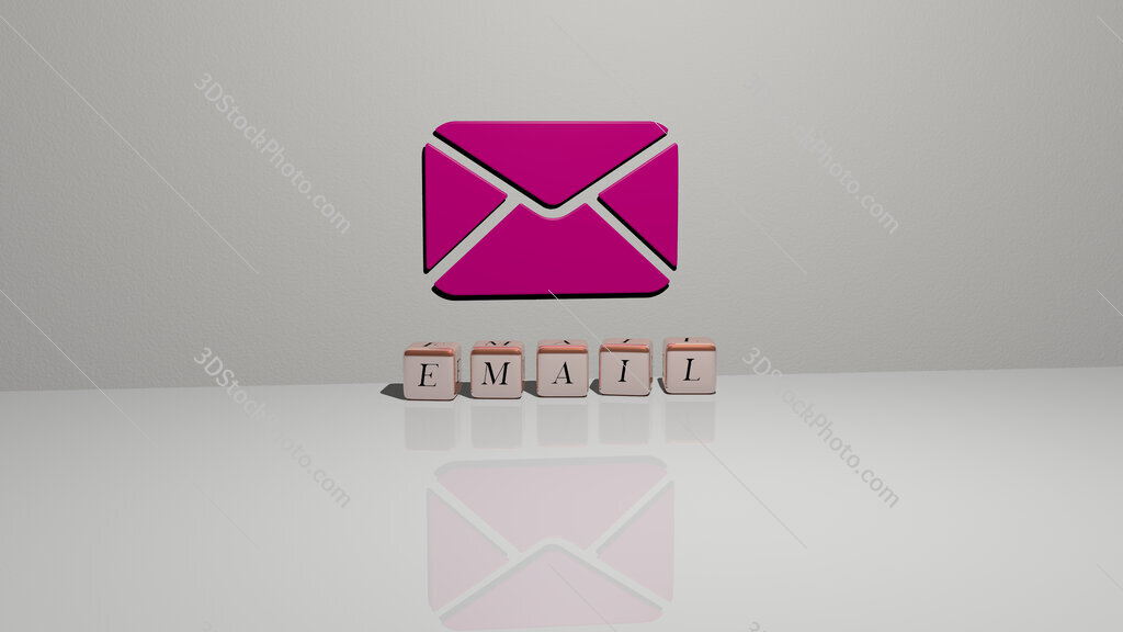 email text of cubic dice letters on the floor and 3D icon on the wall