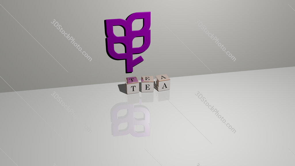 tea text of cubic dice letters on the floor and 3D icon on the wall