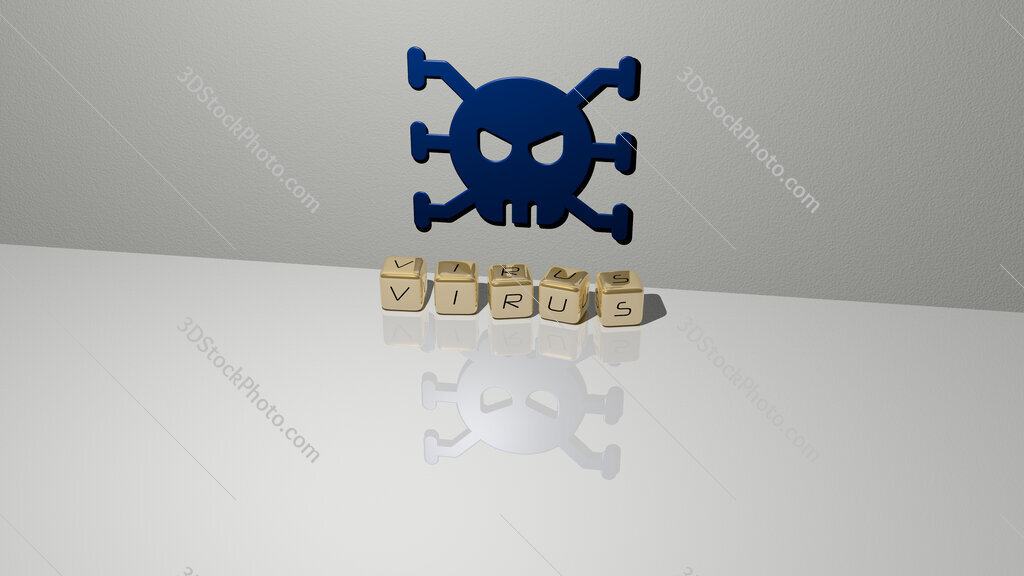 virus text of cubic dice letters on the floor and 3D icon on the wall