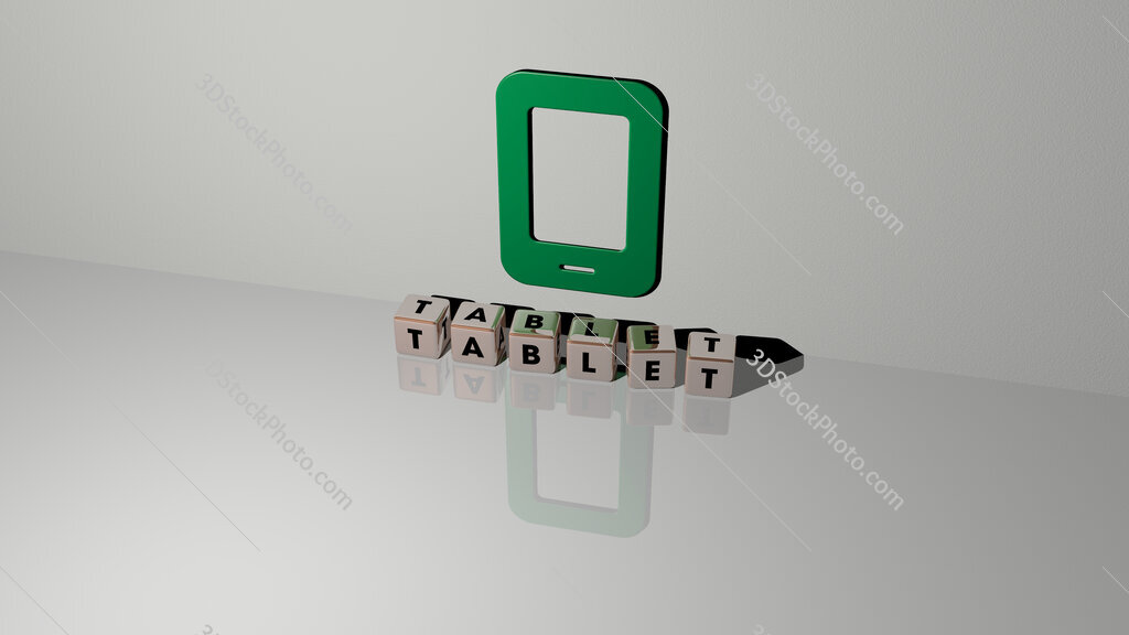 tablet text of cubic dice letters on the floor and 3D icon on the wall
