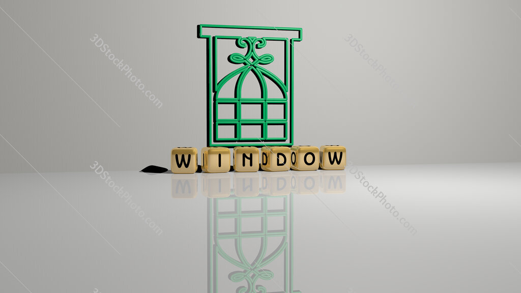 window text of cubic dice letters on the floor and 3D icon on the wall