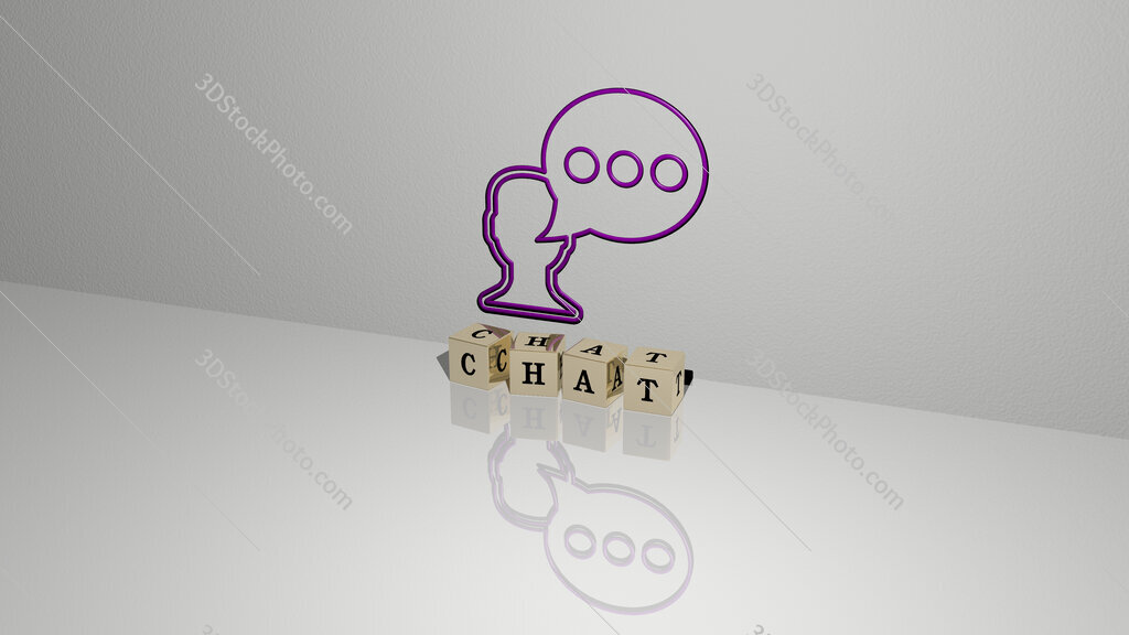 chat text of cubic dice letters on the floor and 3D icon on the wall