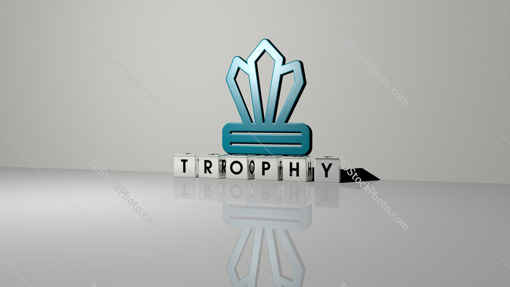 trophy text of cubic dice letters on the floor and 3D icon on the wall