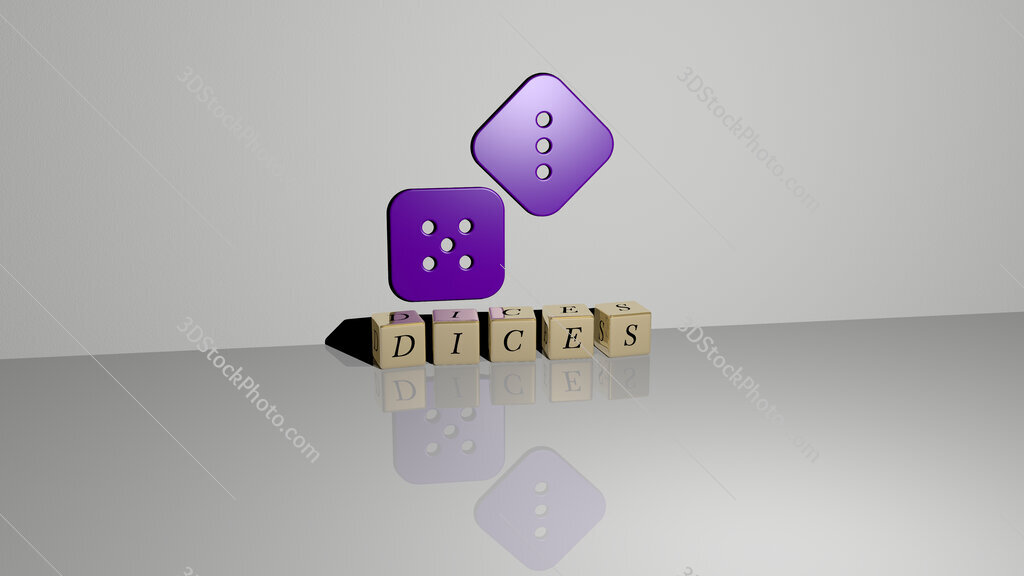 dices text of cubic dice letters on the floor and 3D icon on the wall