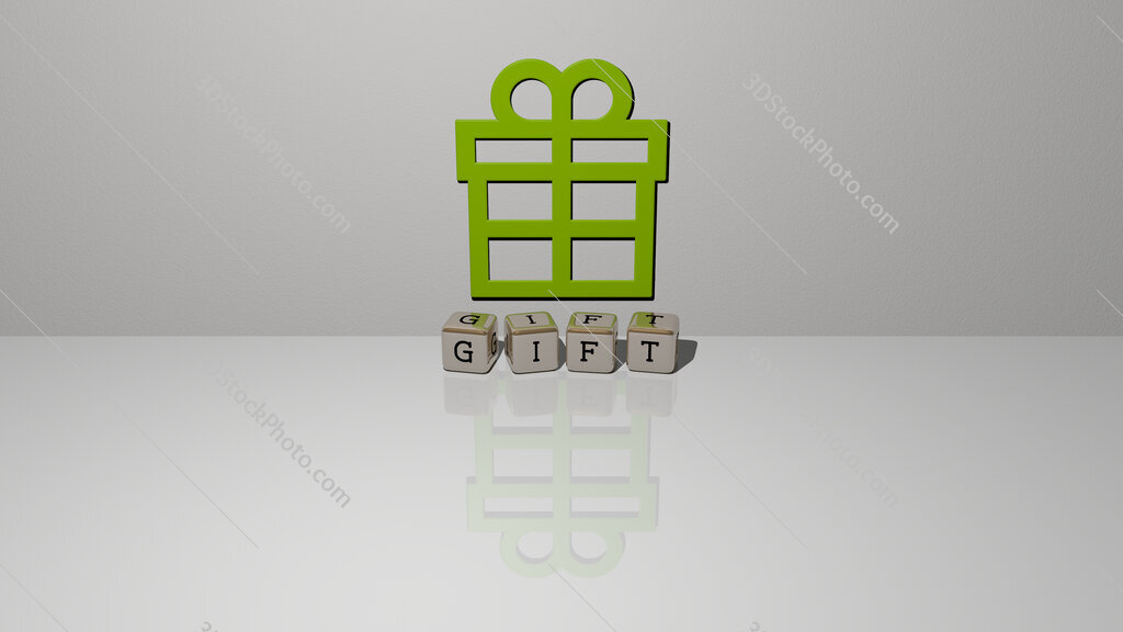 gift text of cubic dice letters on the floor and 3D icon on the wall