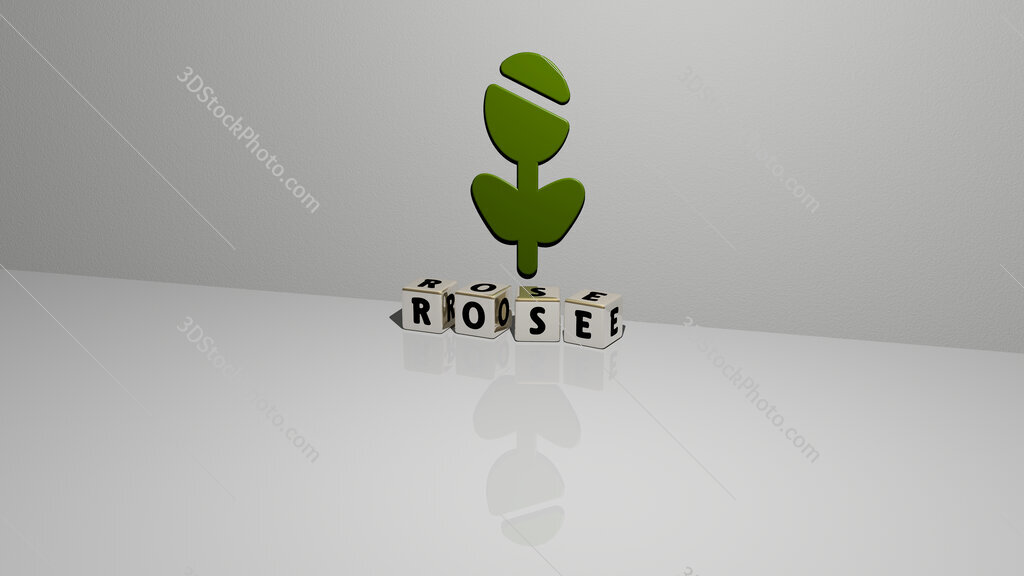 rose text of cubic dice letters on the floor and 3D icon on the wall
