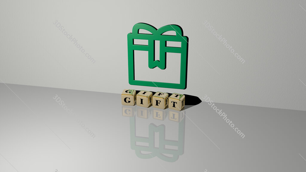 gift text of cubic dice letters on the floor and 3D icon on the wall