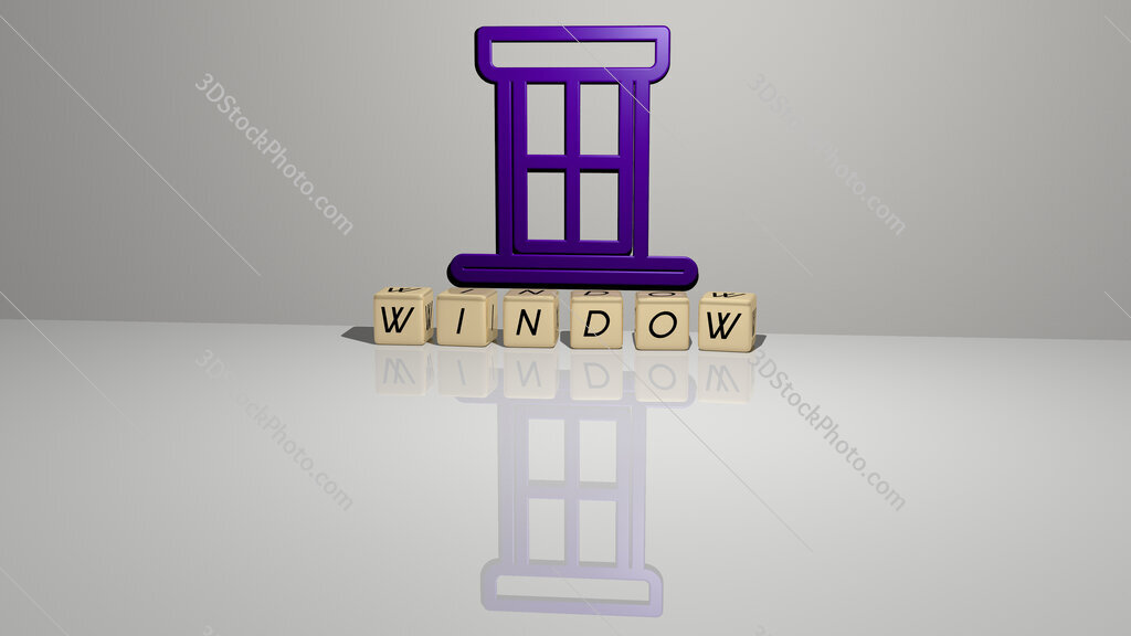 window text of cubic dice letters on the floor and 3D icon on the wall