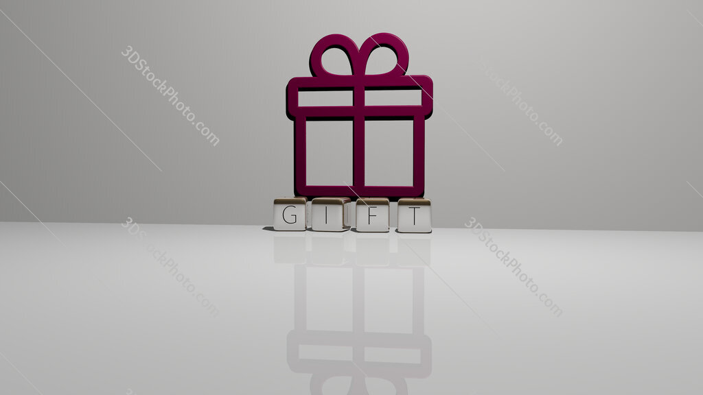 gift text of cubic dice letters on the floor and 3D icon on the wall