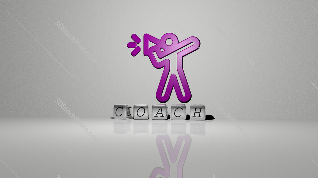 coach text of cubic dice letters on the floor and 3D icon on the wall
