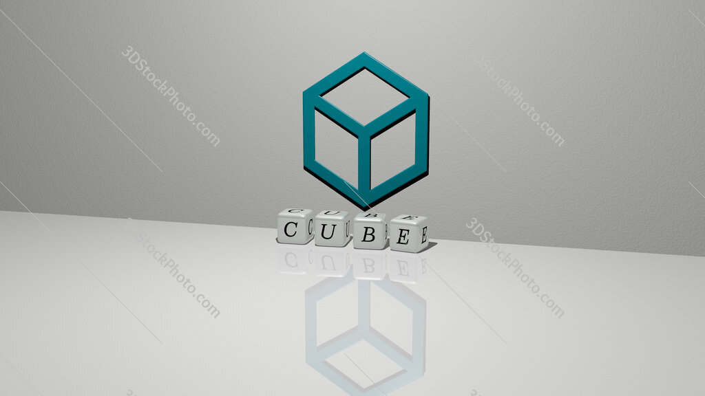 cube text of cubic dice letters on the floor and 3D icon on the wall