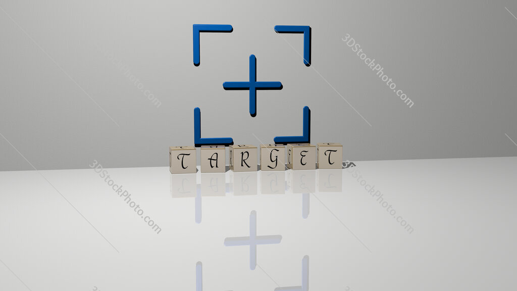 target text of cubic dice letters on the floor and 3D icon on the wall