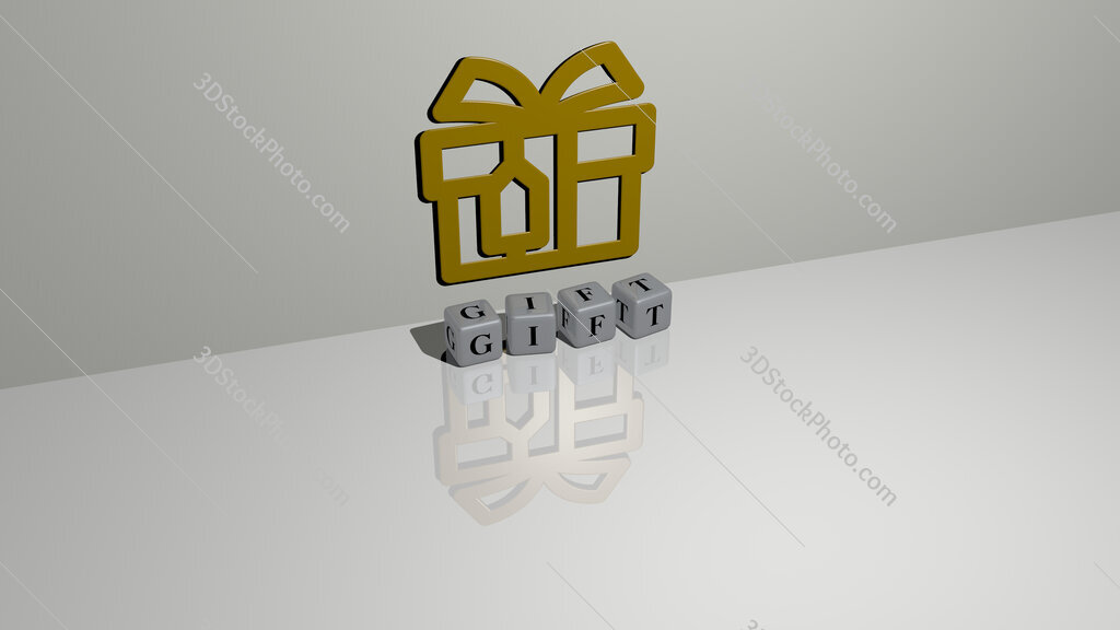gift text of cubic dice letters on the floor and 3D icon on the wall