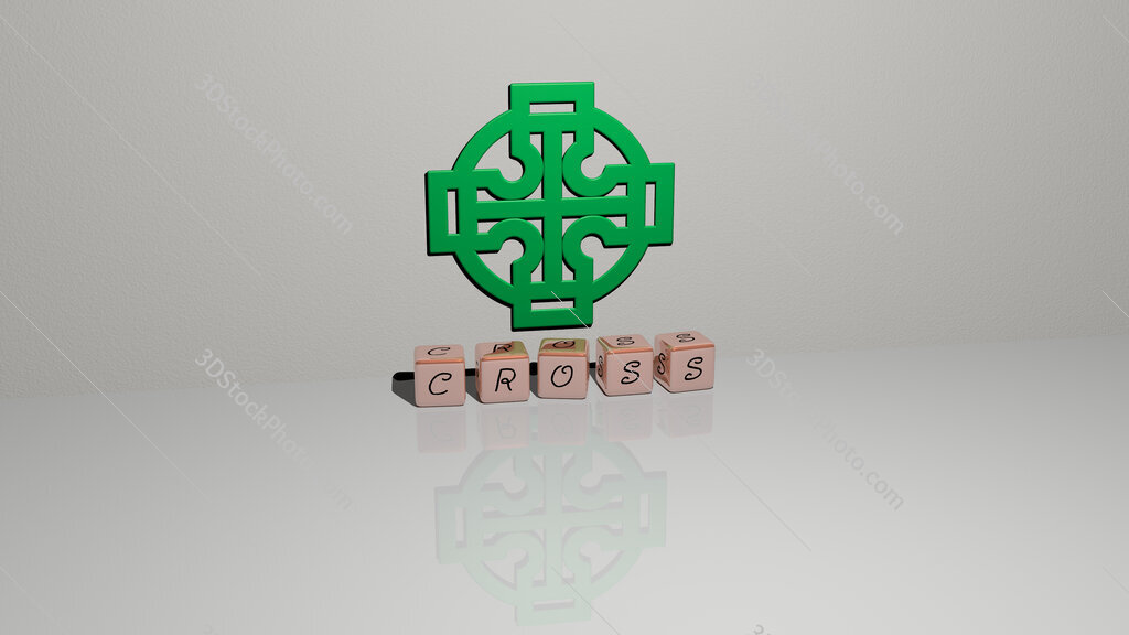 cross text of cubic dice letters on the floor and 3D icon on the wall