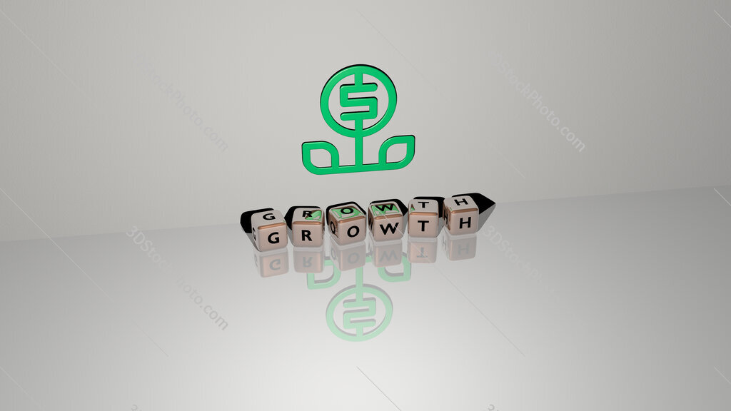 growth text of cubic dice letters on the floor and 3D icon on the wall