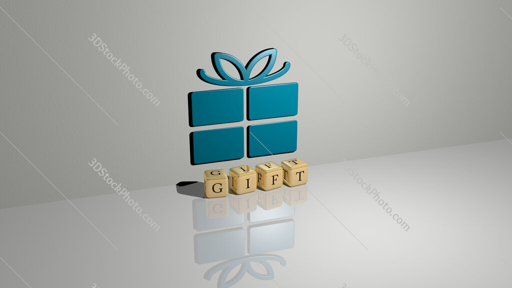 gift text of cubic dice letters on the floor and 3D icon on the wall