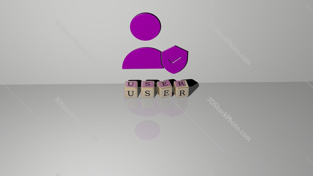 user text of cubic dice letters on the floor and 3D icon on the wall