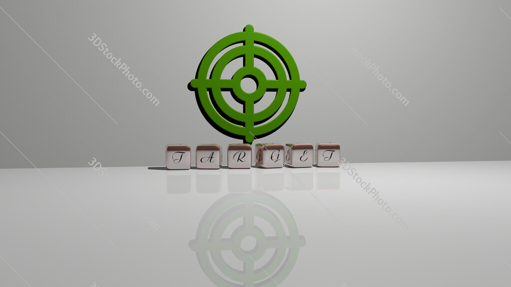 target text of cubic dice letters on the floor and 3D icon on the wall
