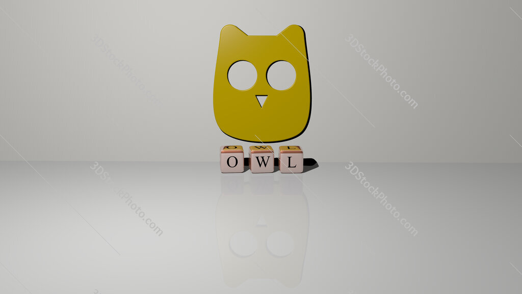 owl text of cubic dice letters on the floor and 3D icon on the wall