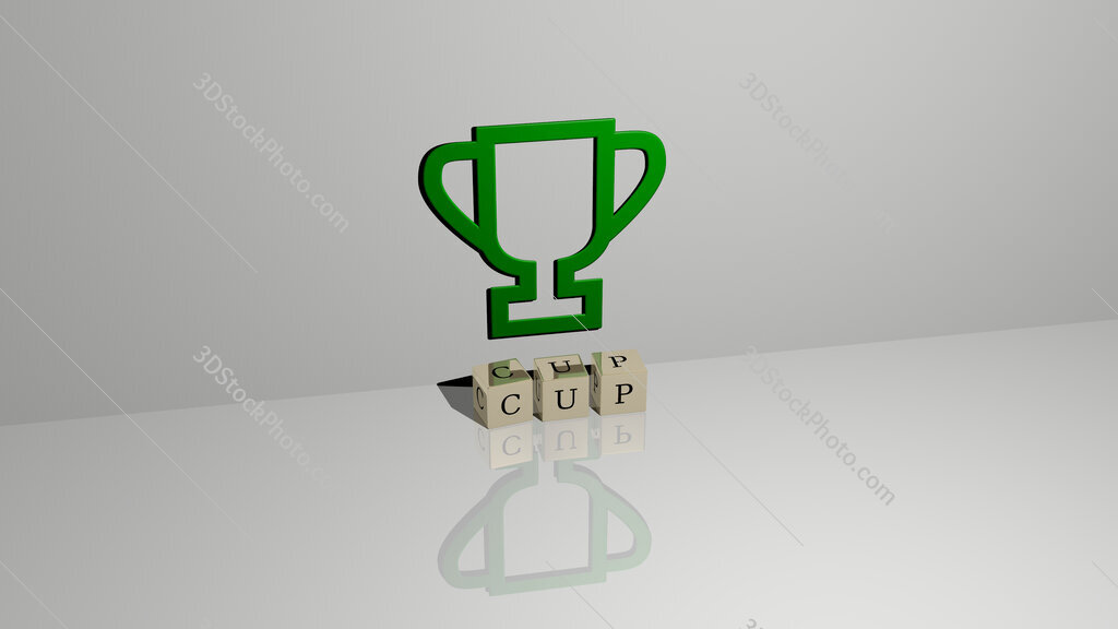 cup text of cubic dice letters on the floor and 3D icon on the wall