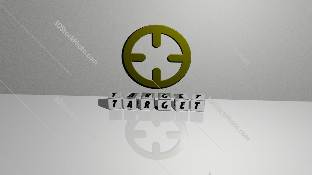 target text of cubic dice letters on the floor and 3D icon on the wall