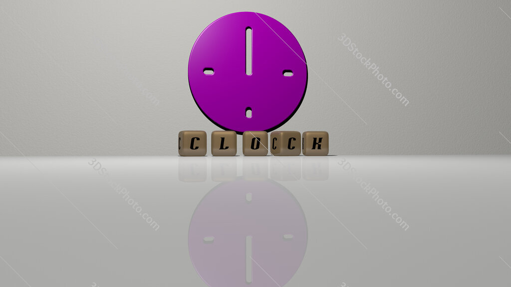 clock text of cubic dice letters on the floor and 3D icon on the wall