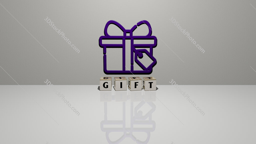 gift text of cubic dice letters on the floor and 3D icon on the wall