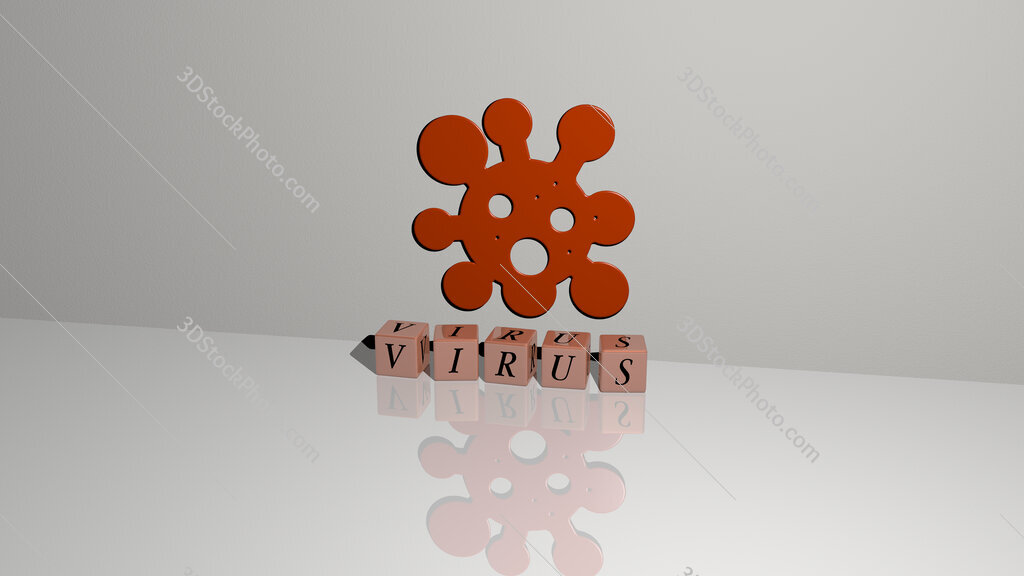 virus text of cubic dice letters on the floor and 3D icon on the wall