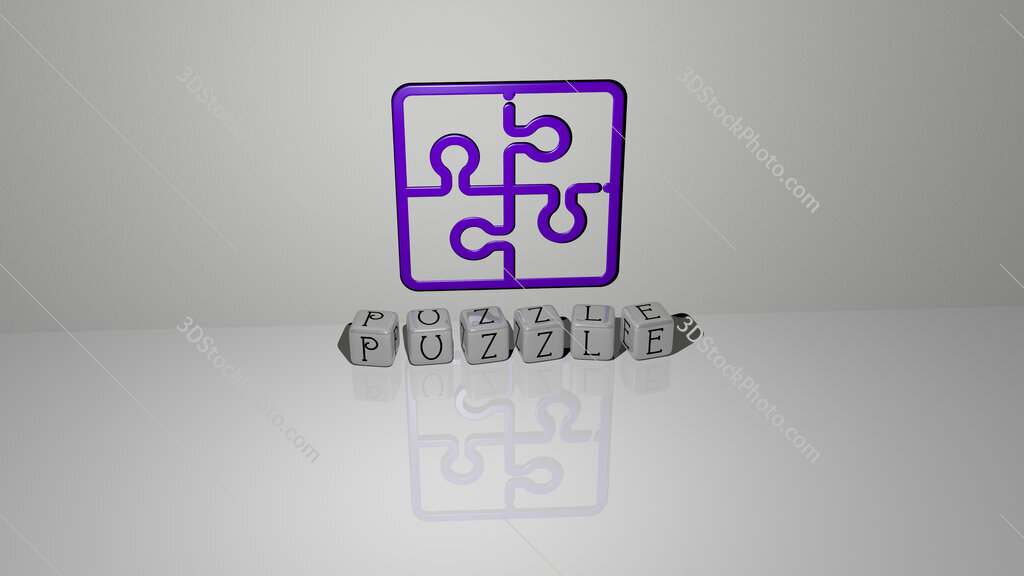 puzzle text of cubic dice letters on the floor and 3D icon on the wall