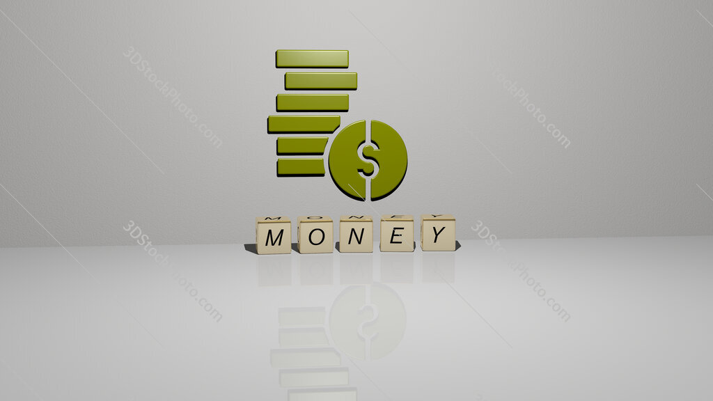 money text of cubic dice letters on the floor and 3D icon on the wall