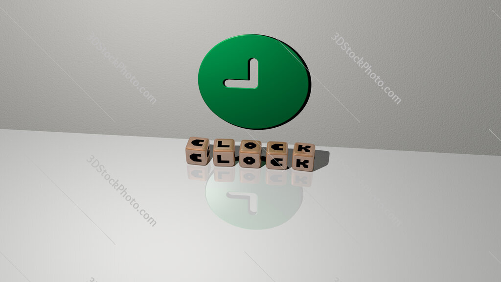 clock text of cubic dice letters on the floor and 3D icon on the wall