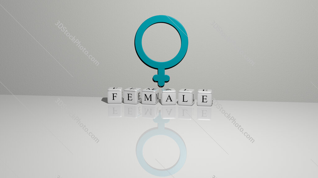 female text of cubic dice letters on the floor and 3D icon on the wall