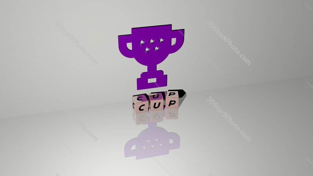 cup text of cubic dice letters on the floor and 3D icon on the wall