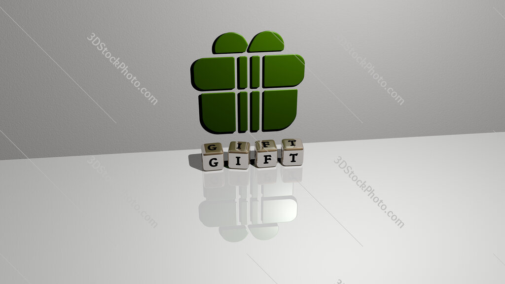 gift text of cubic dice letters on the floor and 3D icon on the wall