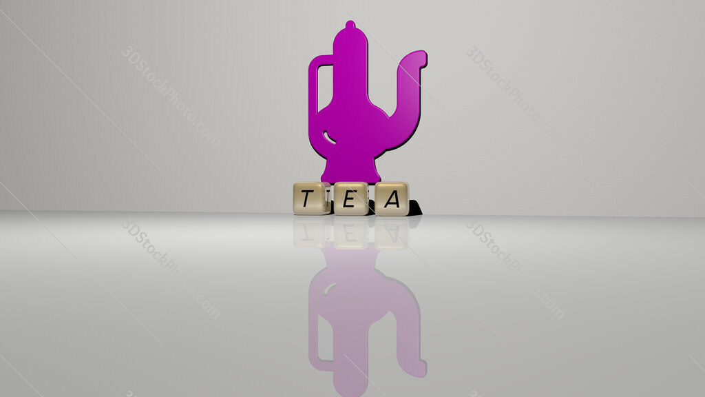 tea text of cubic dice letters on the floor and 3D icon on the wall