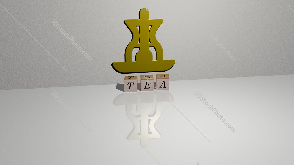 tea text of cubic dice letters on the floor and 3D icon on the wall